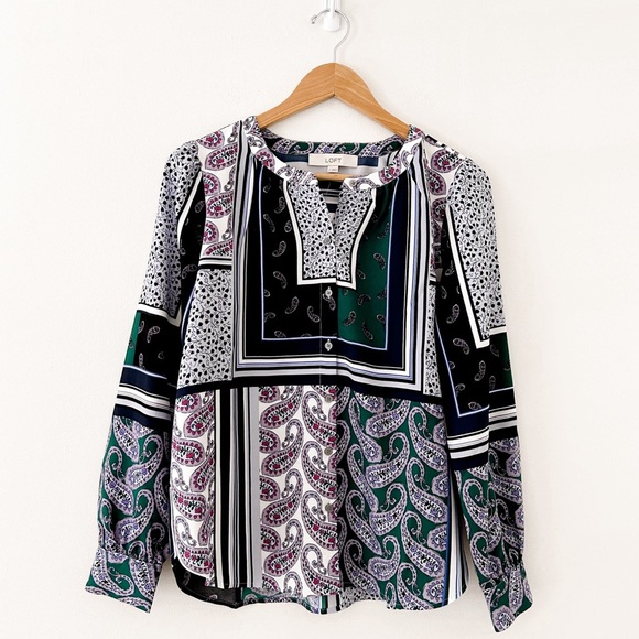Loft Womens Satin Paisley Color Block Button Up Blouse - Picture 1 of 6